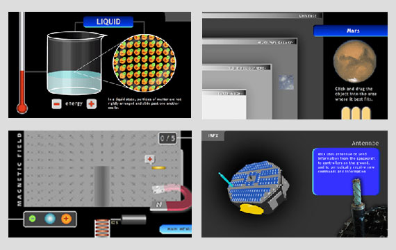 This is a block of four screen shots, one from each of the IBEX online games and activities. The upper left image is from "States of Matter." The upper right image is from "Sorting the Universe." The lower left image is from "Magnetic
Pinball." The lower right image is from "Spin the Spacecraft."