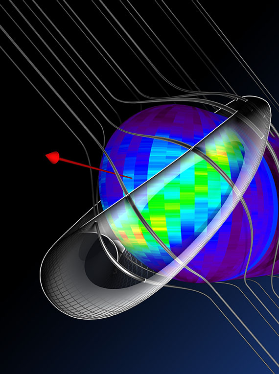 This is a 3–dimensional diagram of the "Retention Region," with the region shown as a "life preserver" around our heliosphere bubble along with the original IBEX Ribbon image.  The interstellar magnetic field lines are shown running from upper left to lower right around our heliosphere, and the area where the field lines "squeeze" our heliosphere corresponds to the Ribbon location. The red arrow at the front shows the direction of travel of our Solar System.
