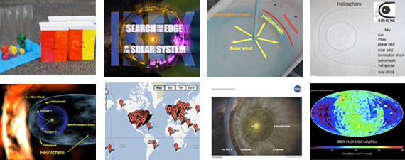 This is a collage of screen shots from several of the materials available through the IBEX Education and Public Outreach program, including posters, lithographs, a planetarium show, and more.