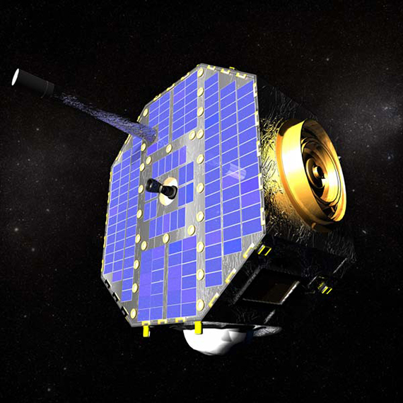 An artist’s rendition of a closeup of the octagonal–shaped IBEX spacecraft, showing the cylindrical antenna poking away from the top side, solar panels covering the top of IBEX, a small cone–shaped thruster in the middle of the top, and one of the spacecraft’s round sensors on one side. The other sensor, unseen in this image, is on the side opposite the sensor in this image. A portion of IBEX’s spherical fuel tank can be seen on a side that is 90 degrees from the sensors.