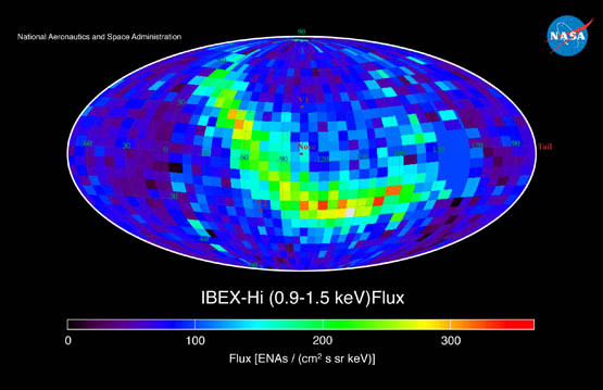 First IBEX map of the heliosphere showing the distribution of energetic neutral atoms across the entire sky in the range of 0.9 to 1.5 kiloelectron volts; an unexpected swath of higher numbers of energetic neutral atoms, called the "ribbon", was detected.  The ribbon is highly defined in this image.