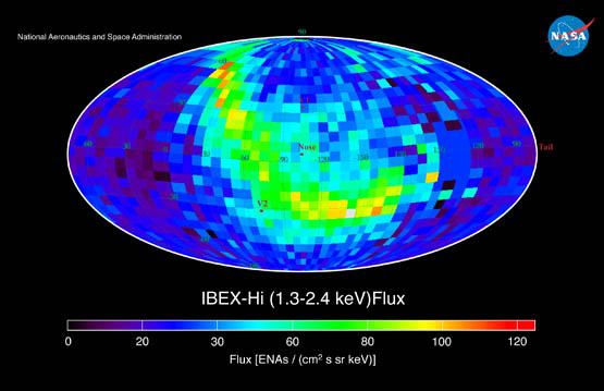 First IBEX map of the heliosphere showing the distribution of energetic neutral atoms across the entire sky in the range of 1.3 to 2.4 kiloelectron volts; an unexpected swath of higher numbers of energetic neutral atoms, called the "ribbon", was detected.
