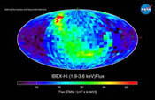 First IBEX map of the heliosphere showing the distribution of energetic neutral atoms across the entire sky in the range of 1.9 to 3.6 kiloelectron volts; an unexpected swath of higher numbers of energetic neutral atoms, called the "ribbon", was detected.  The ribbon is less well defined here, but a knot of higher emissions of energetic neutral atoms is located in one portion of the ribbon.