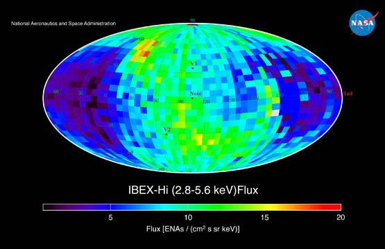 First IBEX map of the heliosphere showing the distribution of energetic neutral atoms across the entire sky in the range of 2.8 to 5.6 kiloelectron volts; an unexpected swath of higher numbers of energetic neutral atoms, called the "ribbon", was detected.  The ribbon is less well defined here but is still visible in the image.